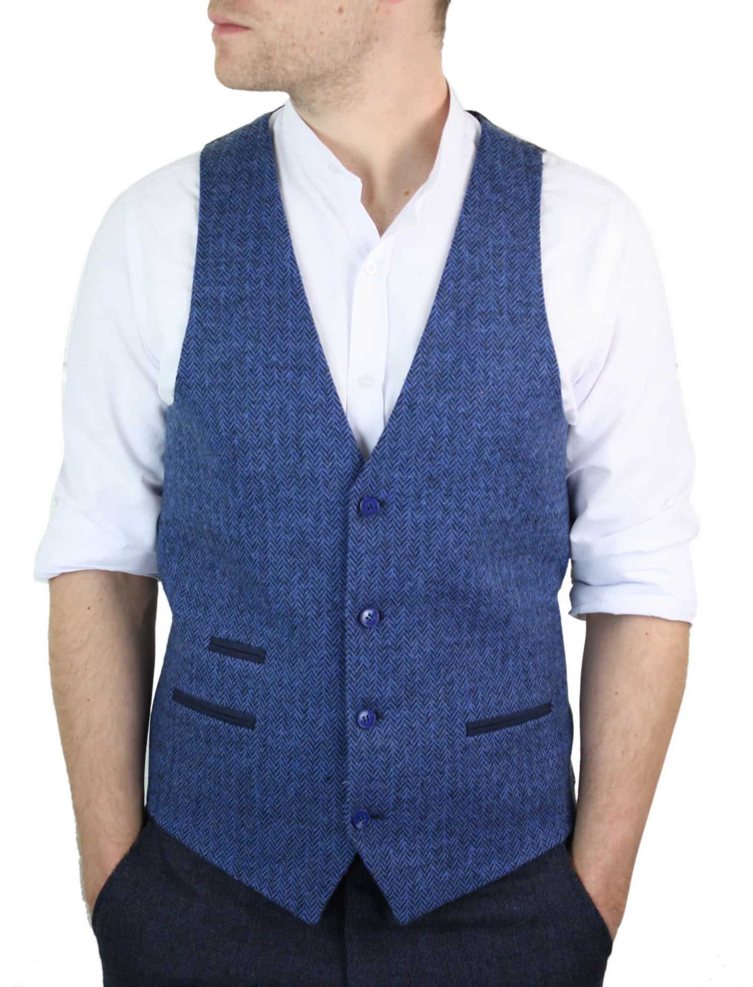 Herr Blå Väst i Tweed, Fiskbensmönstrad Ull, Peaky Blinders Vintage Retro