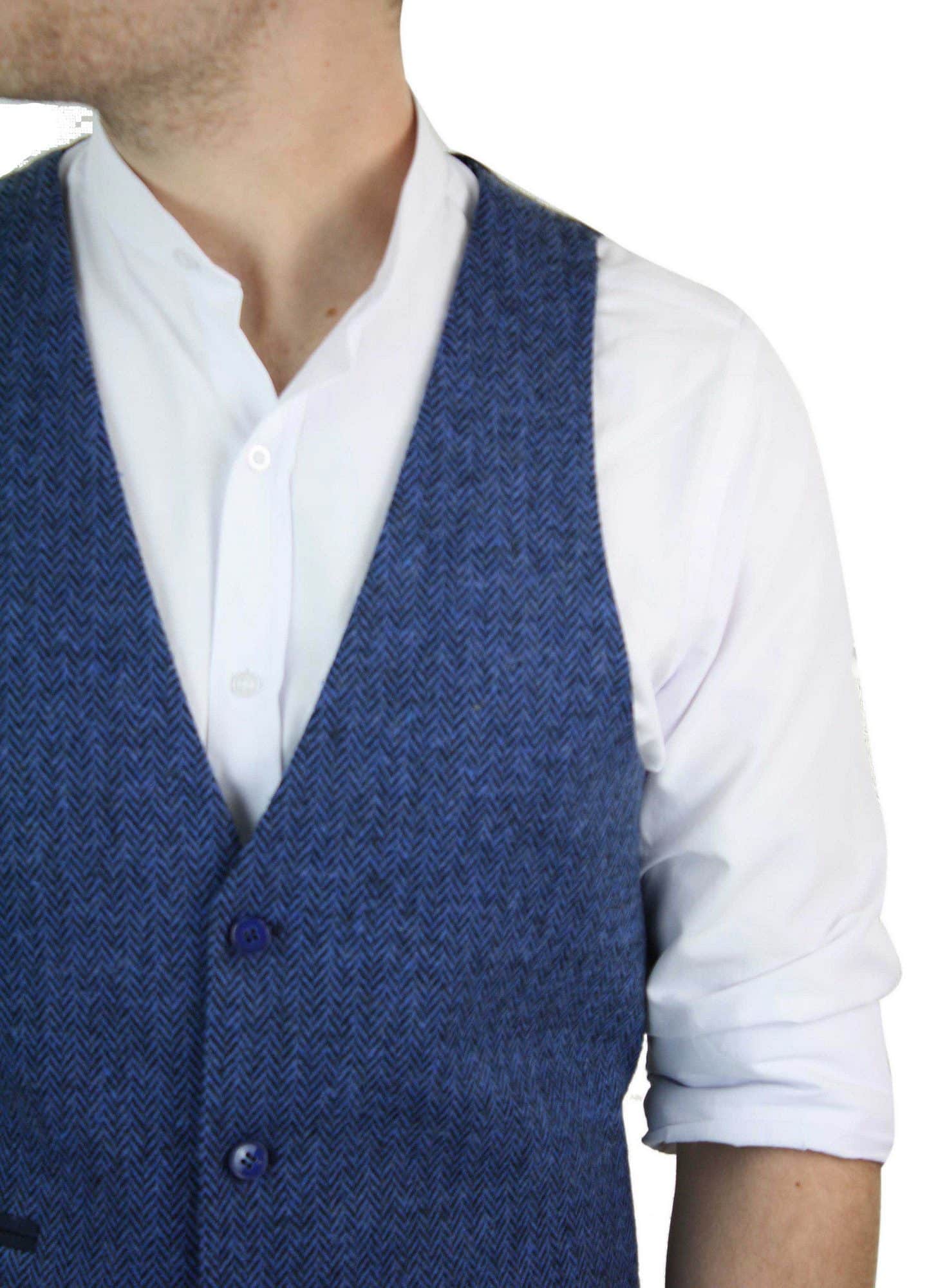 Herr Blå Väst i Tweed, Fiskbensmönstrad Ull, Peaky Blinders Vintage Retro