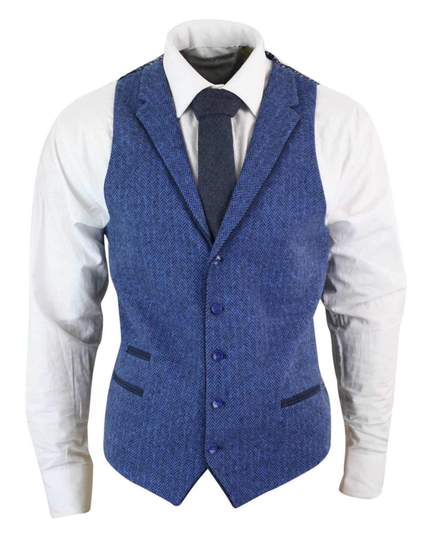Herr Blå Väst i Tweed, Fiskbensmönstrad Ull, Peaky Blinders Vintage Retro
