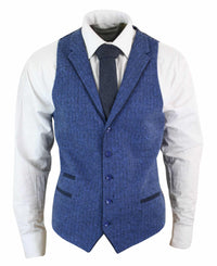 Herr Blå Väst i Tweed, Fiskbensmönstrad Ull, Peaky Blinders Vintage Retro