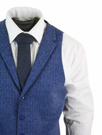 Herr Blå Väst i Tweed, Fiskbensmönstrad Ull, Peaky Blinders Vintage Retro