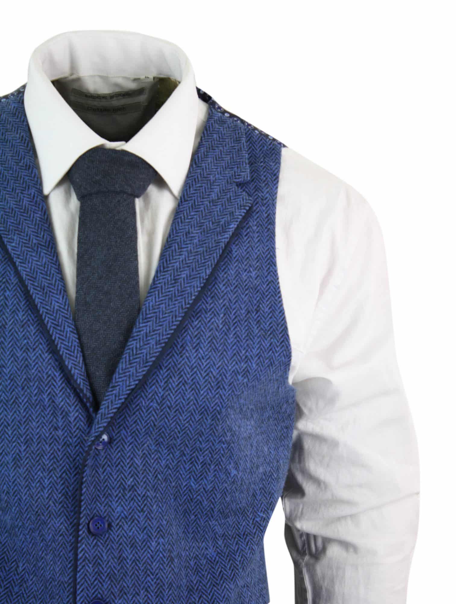 Herr Blå Väst i Tweed, Fiskbensmönstrad Ull, Peaky Blinders Vintage Retro