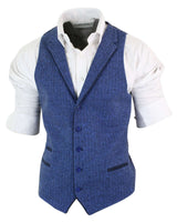 Herr Blå Väst i Tweed, Fiskbensmönstrad Ull, Peaky Blinders Vintage Retro
