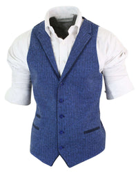 Herr Blå Väst i Tweed, Fiskbensmönstrad Ull, Peaky Blinders Vintage Retro