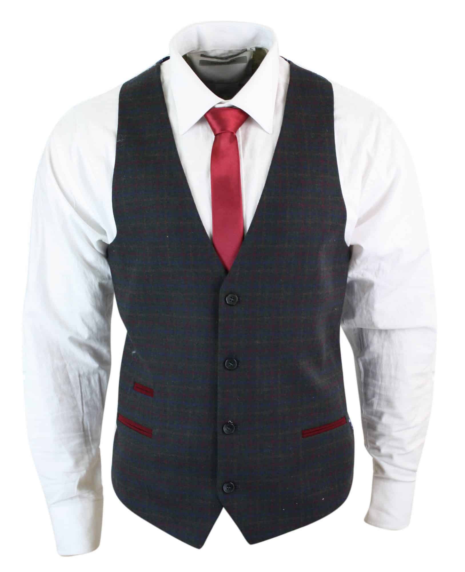 Herrväst i ull, olivgrön med rödblå brunrutig tweed, klassisk vintage, skräddarsydd passform