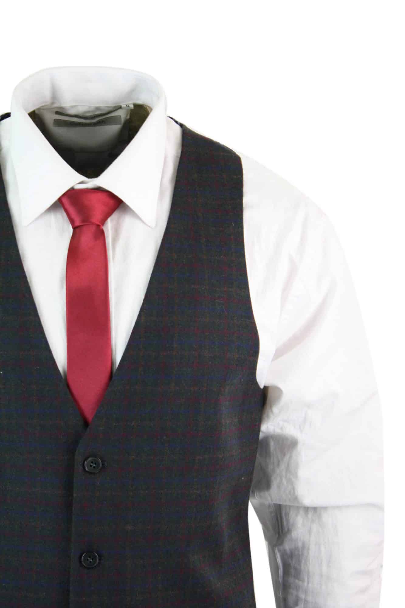 Herrväst i ull, olivgrön med rödblå brunrutig tweed, klassisk vintage, skräddarsydd passform
