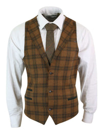 Herrväst i ull, brunrutig, tweed, klassisk vintage, skräddarsydd passform
