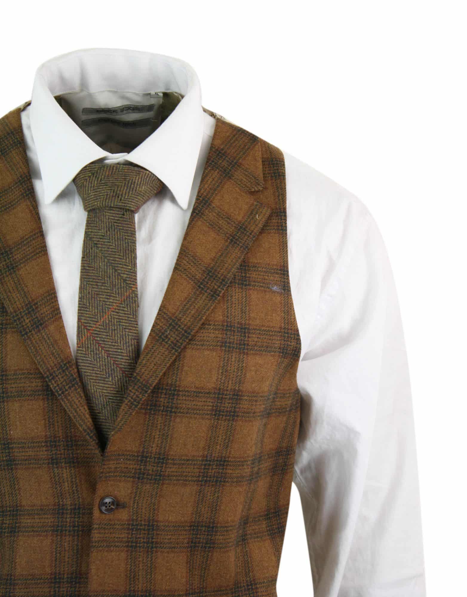 Herrväst i ull, brunrutig, tweed, klassisk vintage, skräddarsydd passform