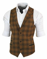 Herrväst i ull, brunrutig, tweed, klassisk vintage, skräddarsydd passform