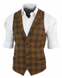 Herrväst i ull, brunrutig, tweed, klassisk vintage, skräddarsydd passform