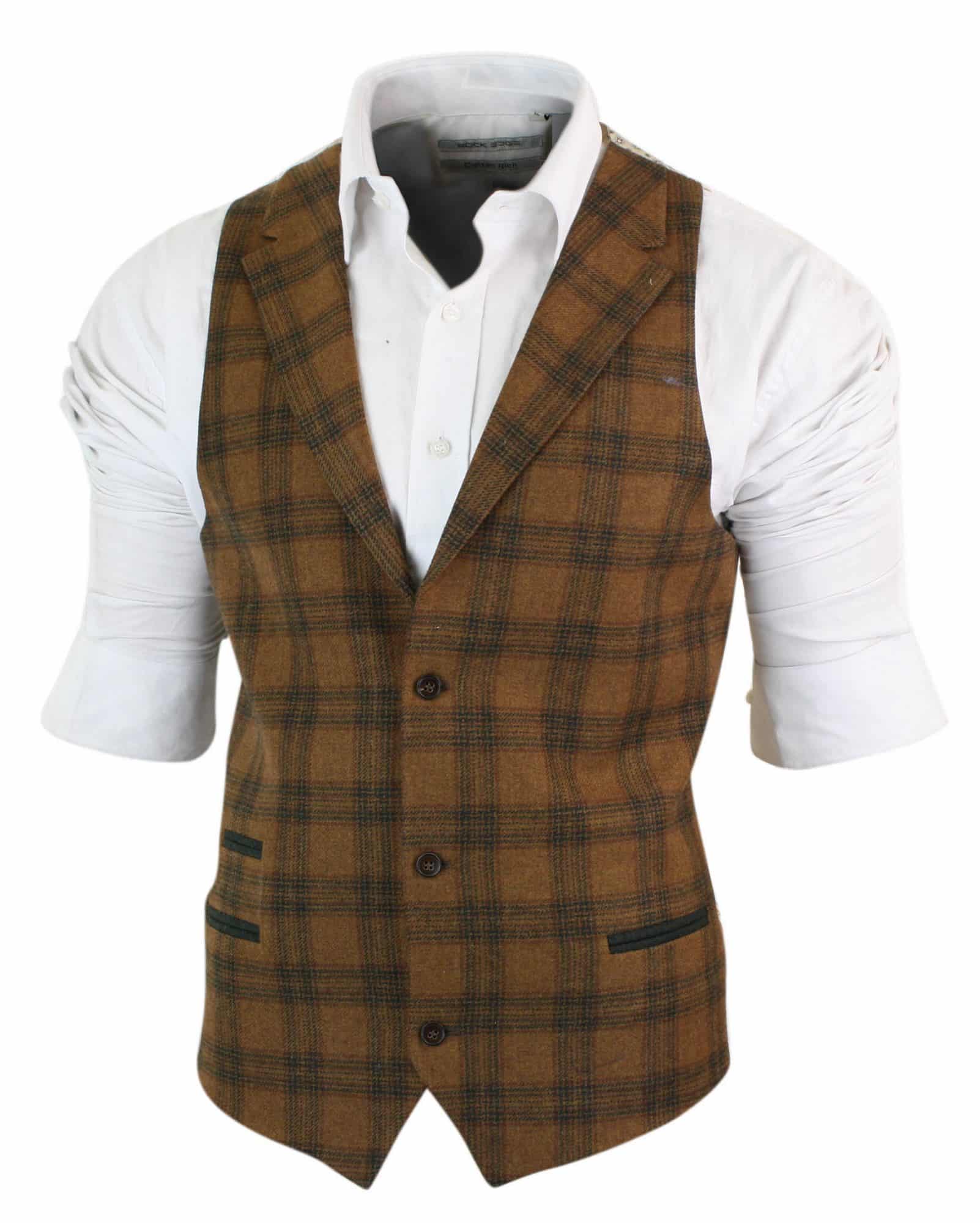 Herrväst i ull, brunrutig, tweed, klassisk vintage, skräddarsydd passform