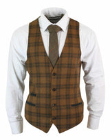 Herrväst i ull, brunrutig, tweed, klassisk vintage, skräddarsydd passform