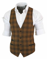 Herrväst i ull, brunrutig, tweed, klassisk vintage, skräddarsydd passform