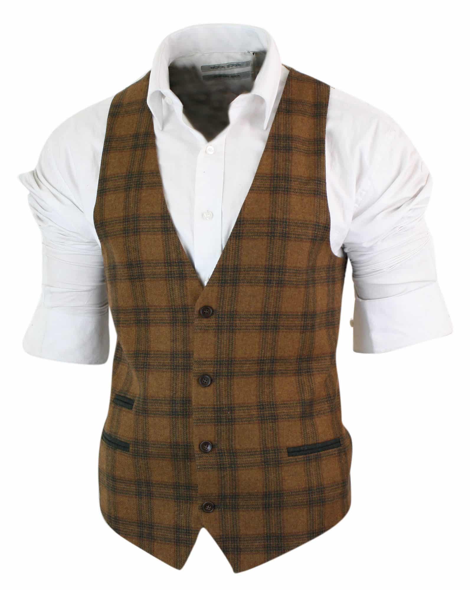 Herrväst i ull, brunrutig, tweed, klassisk vintage, skräddarsydd passform