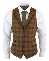 Herrväst i ull, brunrutig, tweed, klassisk vintage, skräddarsydd passform