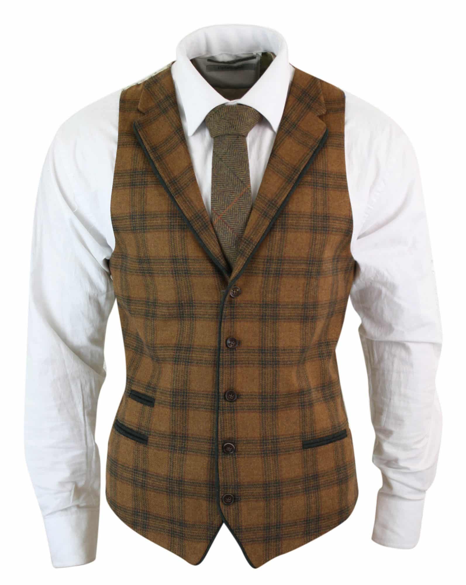 Herrväst i ull, brunrutig, tweed, klassisk vintage, skräddarsydd passform
