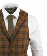 Herrväst i ull, brunrutig, tweed, klassisk vintage, skräddarsydd passform