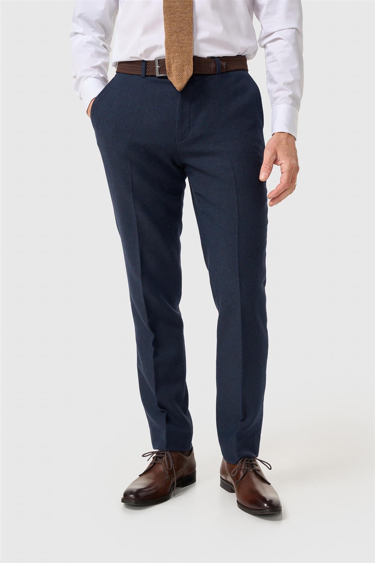 Thomas - Herrbyxor i marinblått tweed i ullblandning med fiskbensmönster