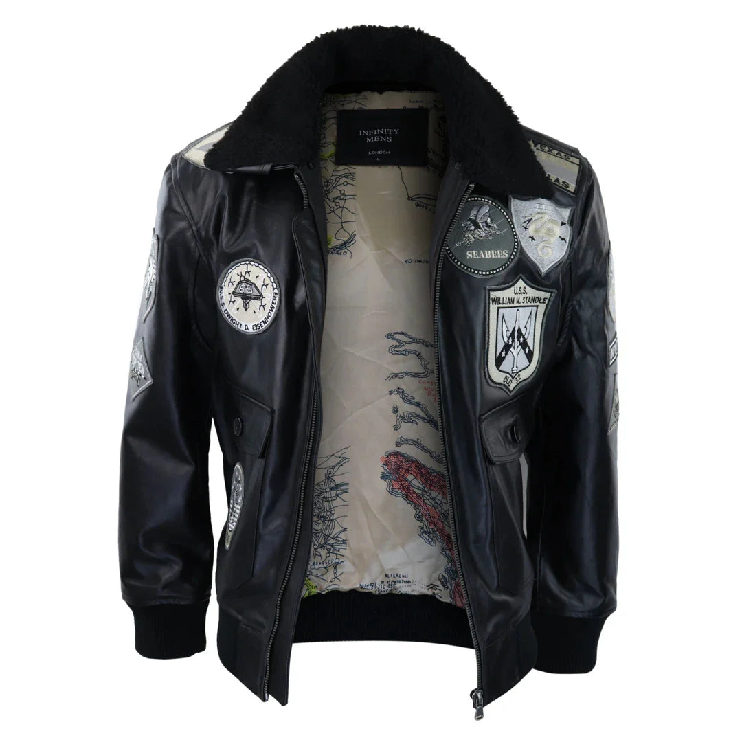 Herrjacka i svart, grå Topgun Maverick, pilotbomberjacka med amerikanska märken, svart päls, kattunge