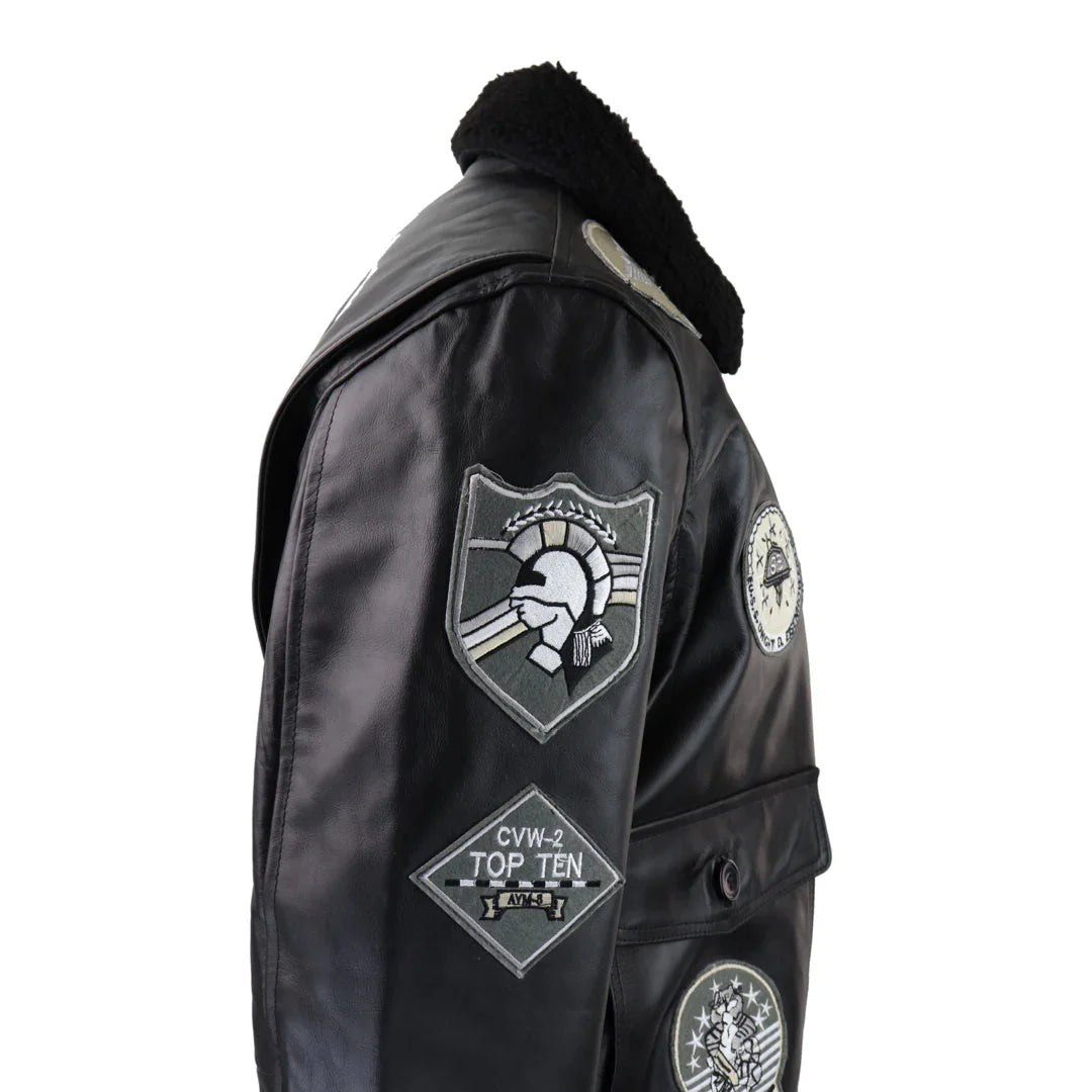 Herrjacka i svart, grå Topgun Maverick, pilotbomberjacka med amerikanska märken, svart päls, kattunge