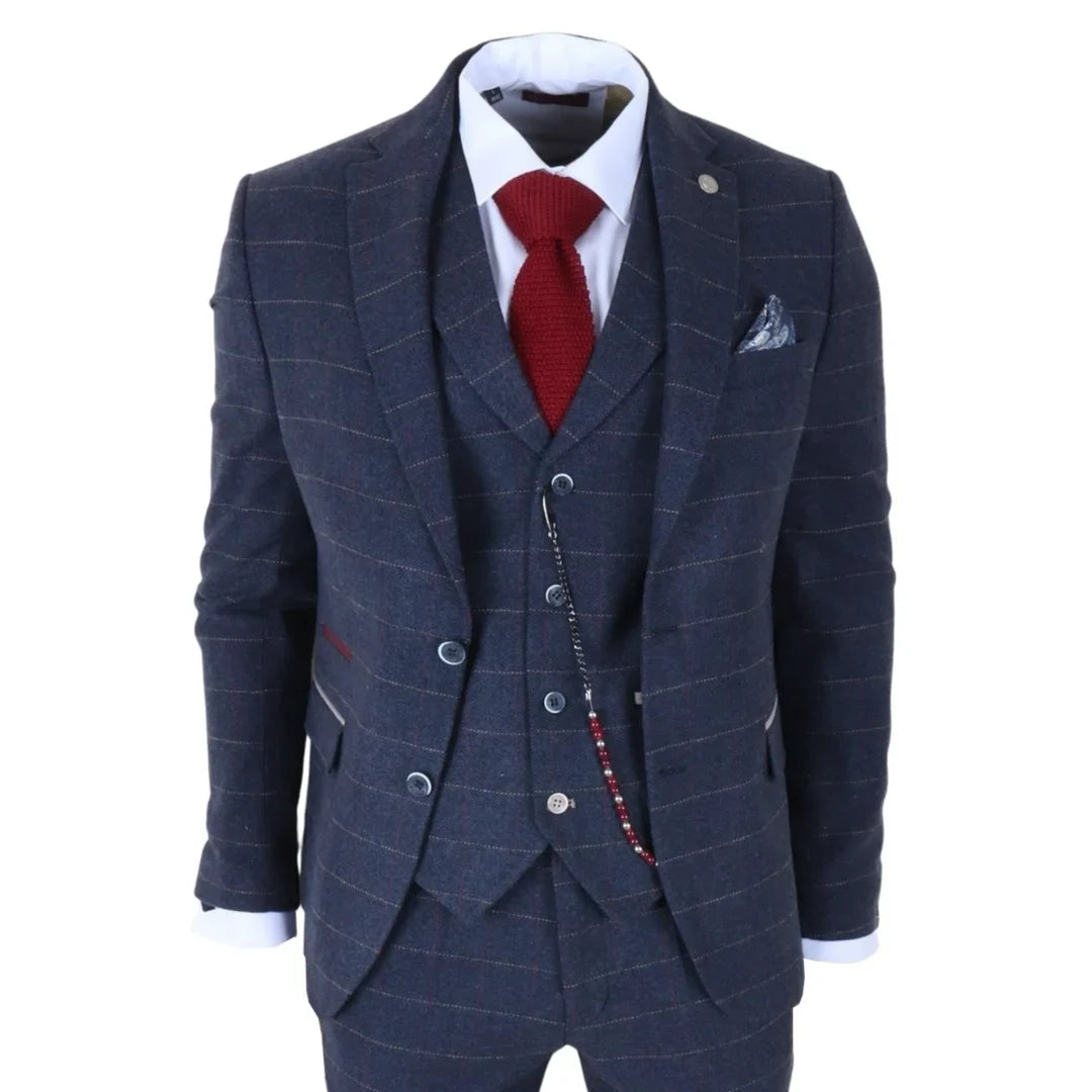 TP-32 - Marinblå 3-delad kostym i ullblandning i tweed i Gatsby-stil för män