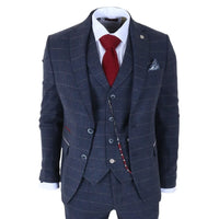 TP-32 - Marinblå 3-delad kostym i ullblandning i tweed i Gatsby-stil för män