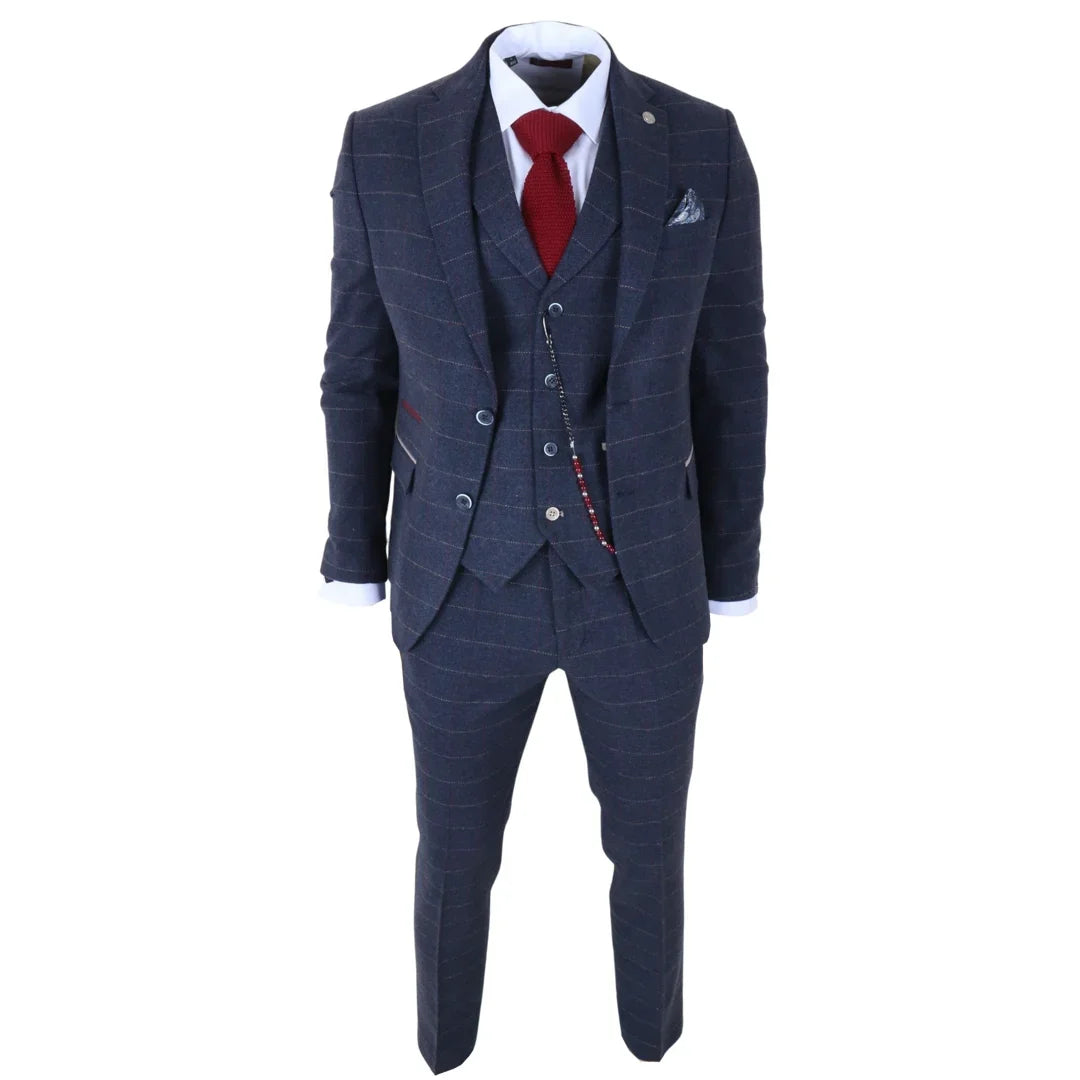 TP-32 - Marinblå 3-delad kostym i ullblandning i tweed i Gatsby-stil för män