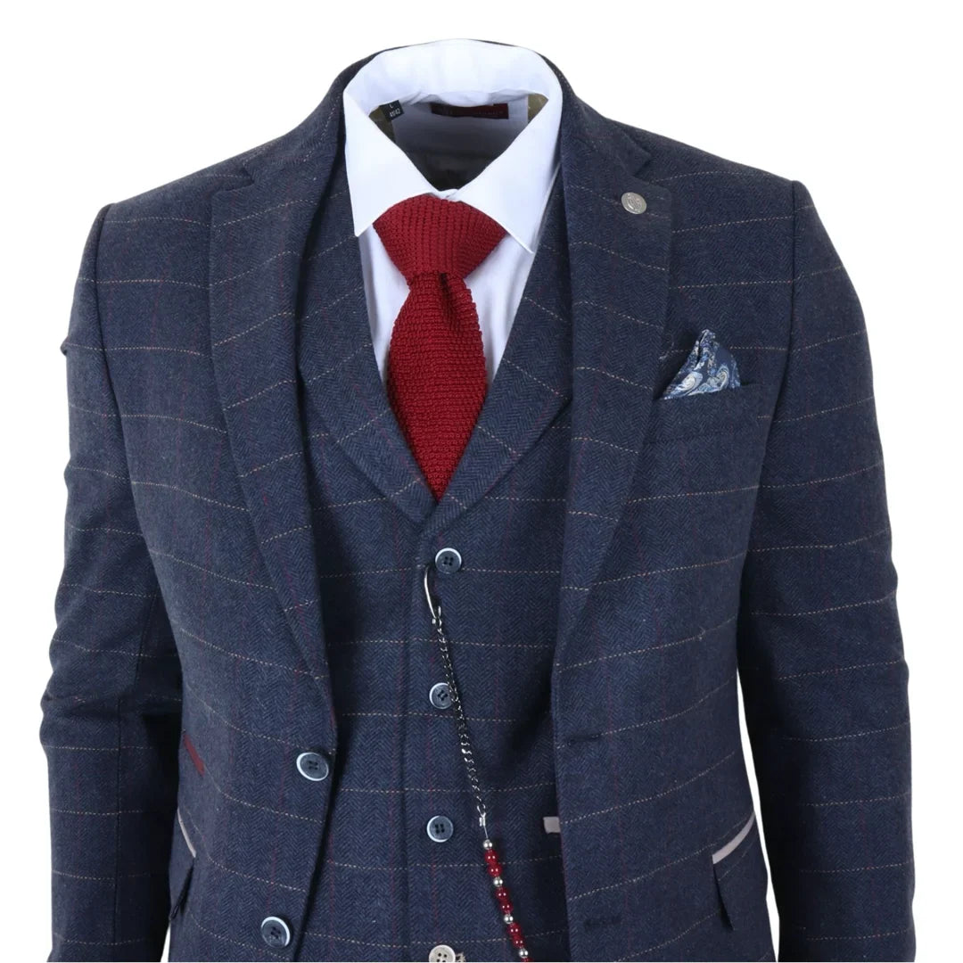 TP-32 - Marinblå 3-delad kostym i ullblandning i tweed i Gatsby-stil för män