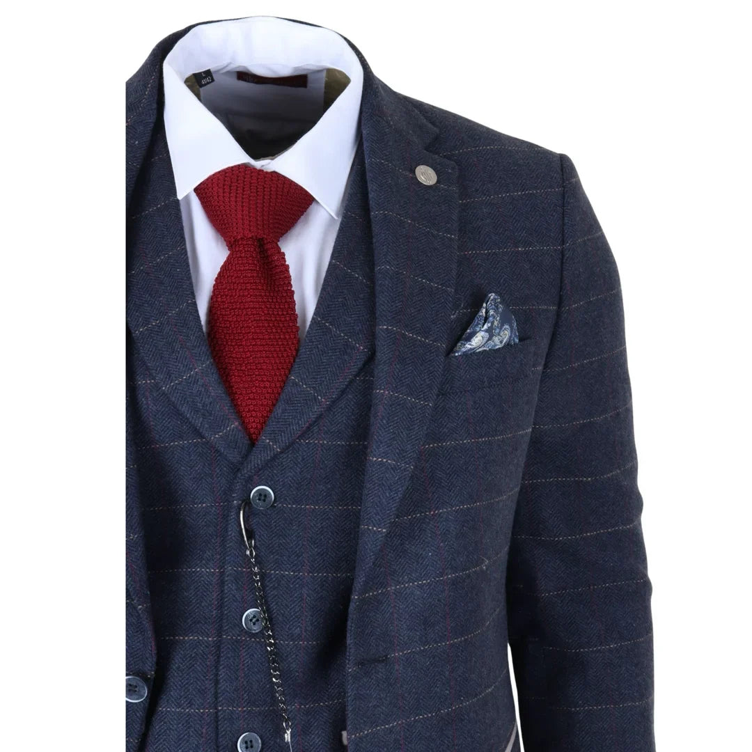 TP-32 - Marinblå 3-delad kostym i ullblandning i tweed i Gatsby-stil för män