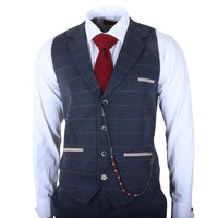 TP-32 - Marinblå 3-delad kostym i ullblandning i tweed i Gatsby-stil för män