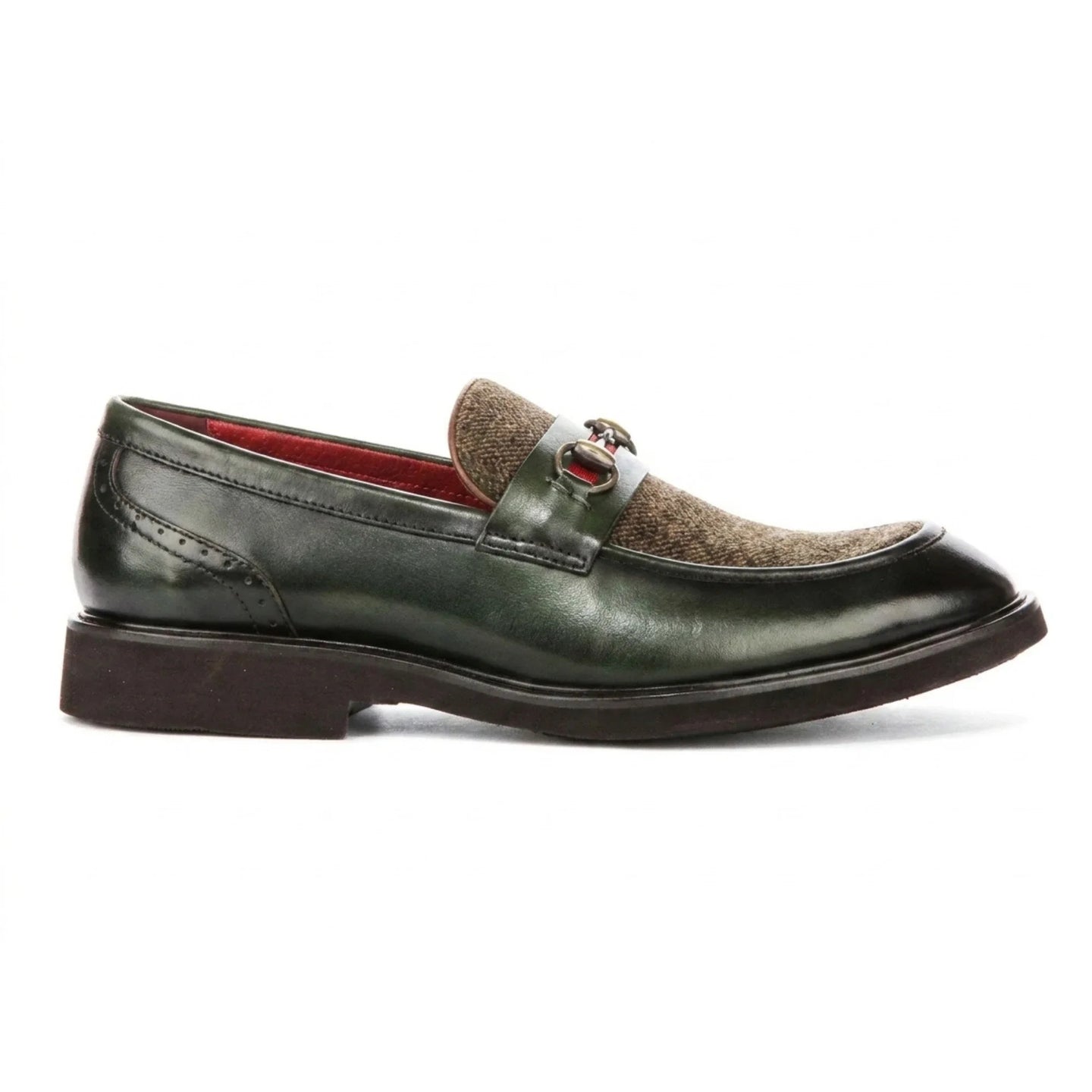 Tristian - Gröna herrloafers i läder i fiskbensmönster i tweed