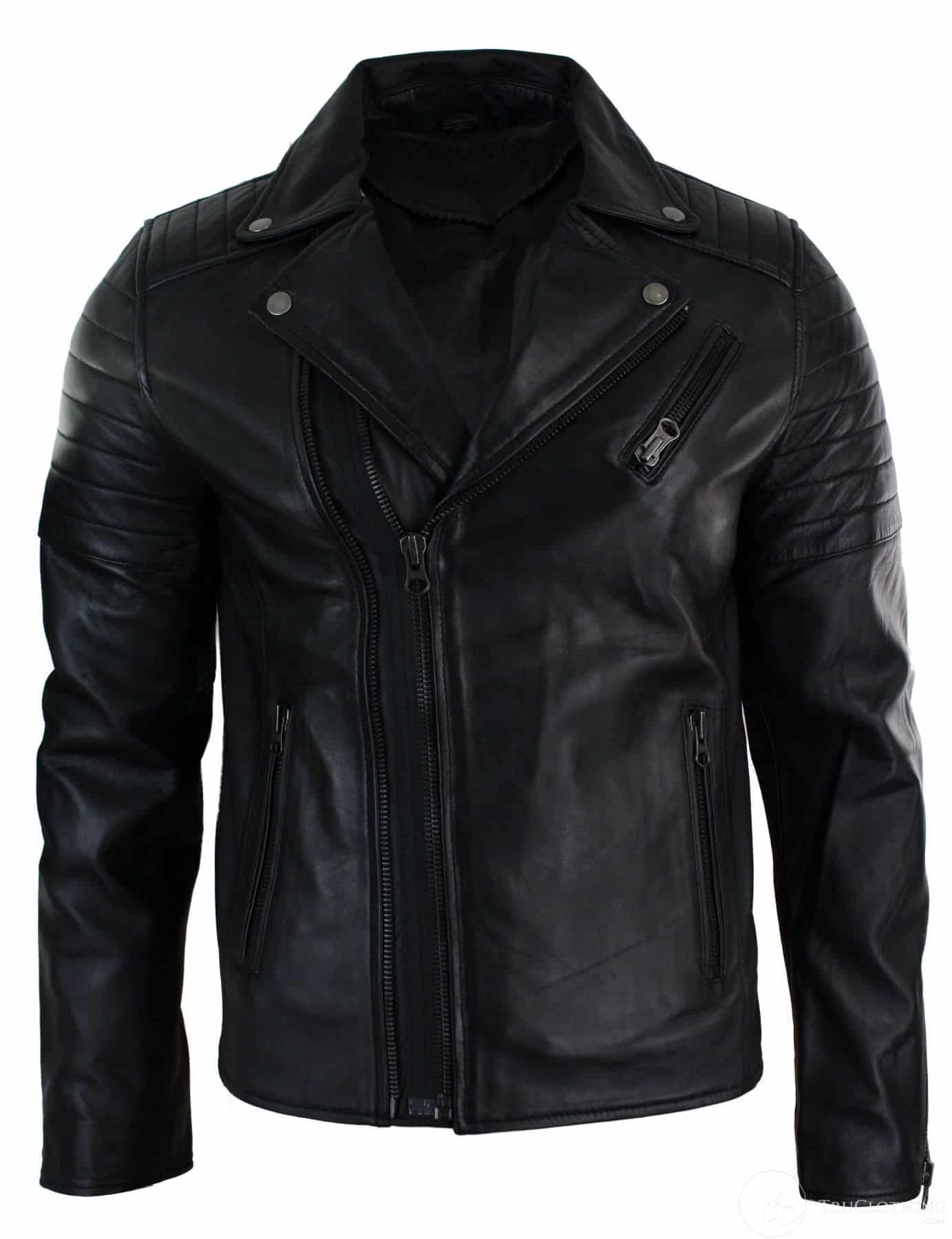 Äkta Läder Slim Fit Cross Zip Retro Vintage Brando Herrjacka Vintage Biker-Svart