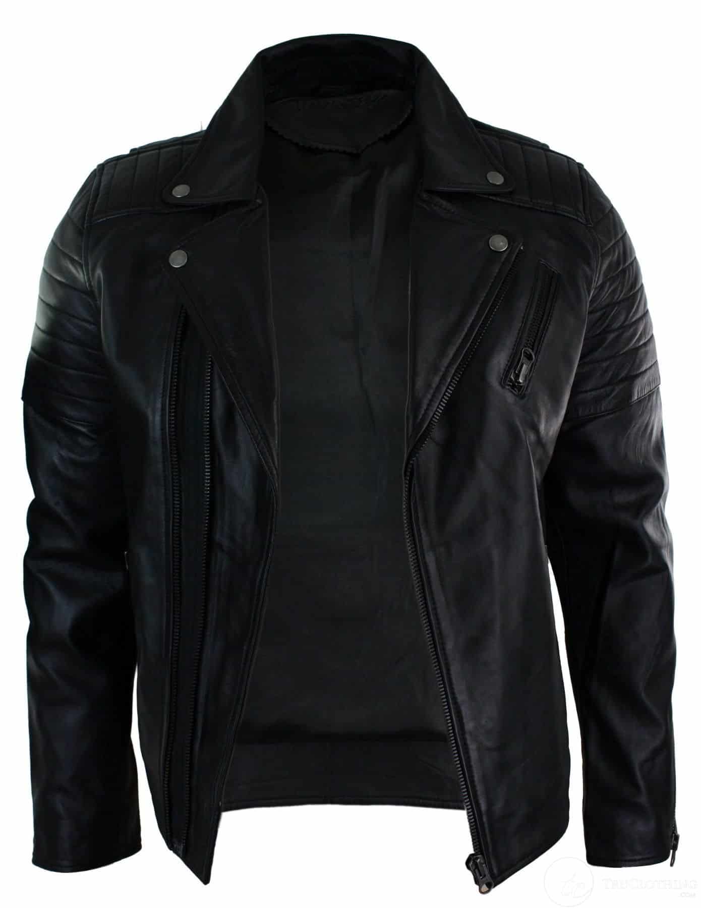 Äkta Läder Slim Fit Cross Zip Retro Vintage Brando Herrjacka Vintage Biker-Svart