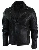 Äkta Läder Slim Fit Cross Zip Retro Vintage Brando Herrjacka Vintage Biker-Svart