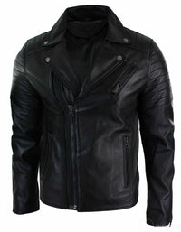 Äkta Läder Slim Fit Cross Zip Retro Vintage Brando Herrjacka Vintage Biker-Svart