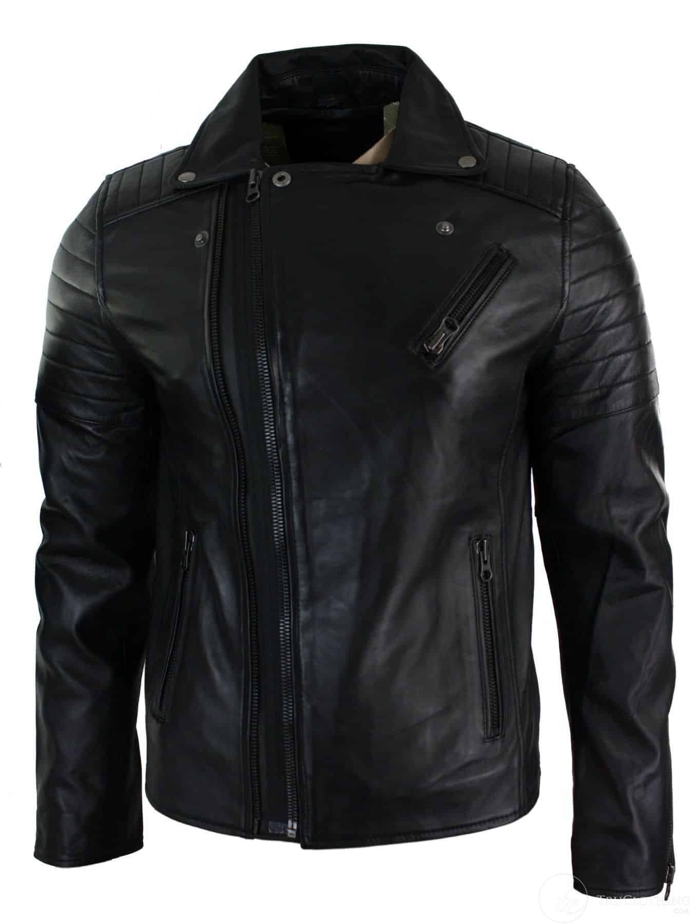 Äkta Läder Slim Fit Cross Zip Retro Vintage Brando Herrjacka Vintage Biker-Svart