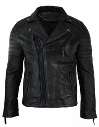 Äkta Läder Slim Fit Herr Cross Zip Retro Vintage Brando Jacka Vintage Biker-Ruboff Svart
