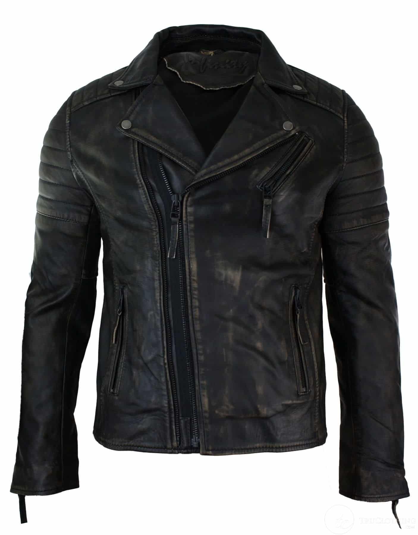 Äkta Läder Slim Fit Herr Cross Zip Retro Vintage Brando Jacka Vintage Biker-Ruboff Svart