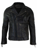 Äkta Läder Slim Fit Herr Cross Zip Retro Vintage Brando Jacka Vintage Biker-Ruboff Svart