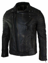 Äkta Läder Slim Fit Herr Cross Zip Retro Vintage Brando Jacka Vintage Biker-Ruboff Svart