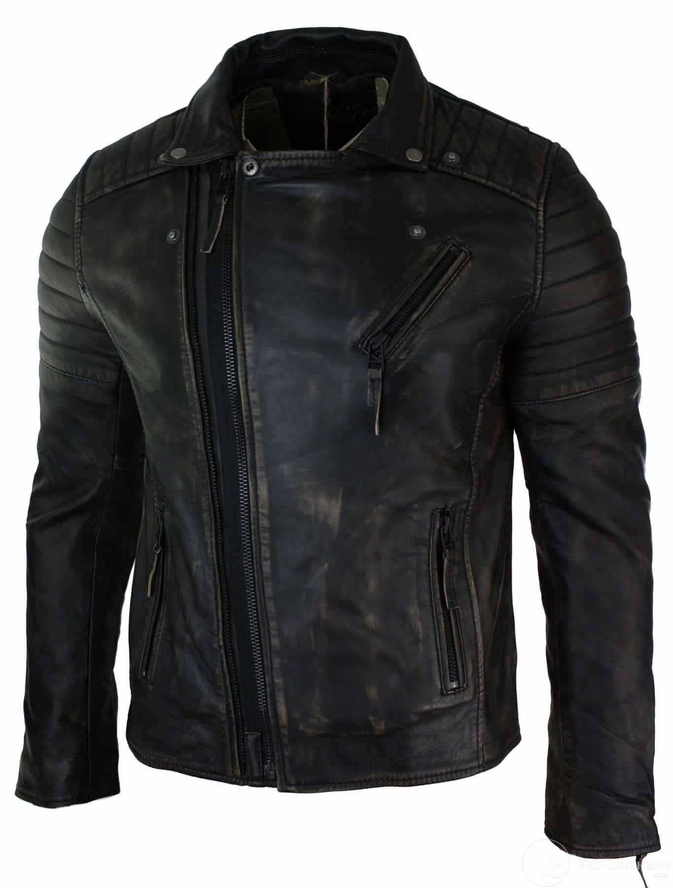 Äkta Läder Slim Fit Herr Cross Zip Retro Vintage Brando Jacka Vintage Biker-Ruboff Svart