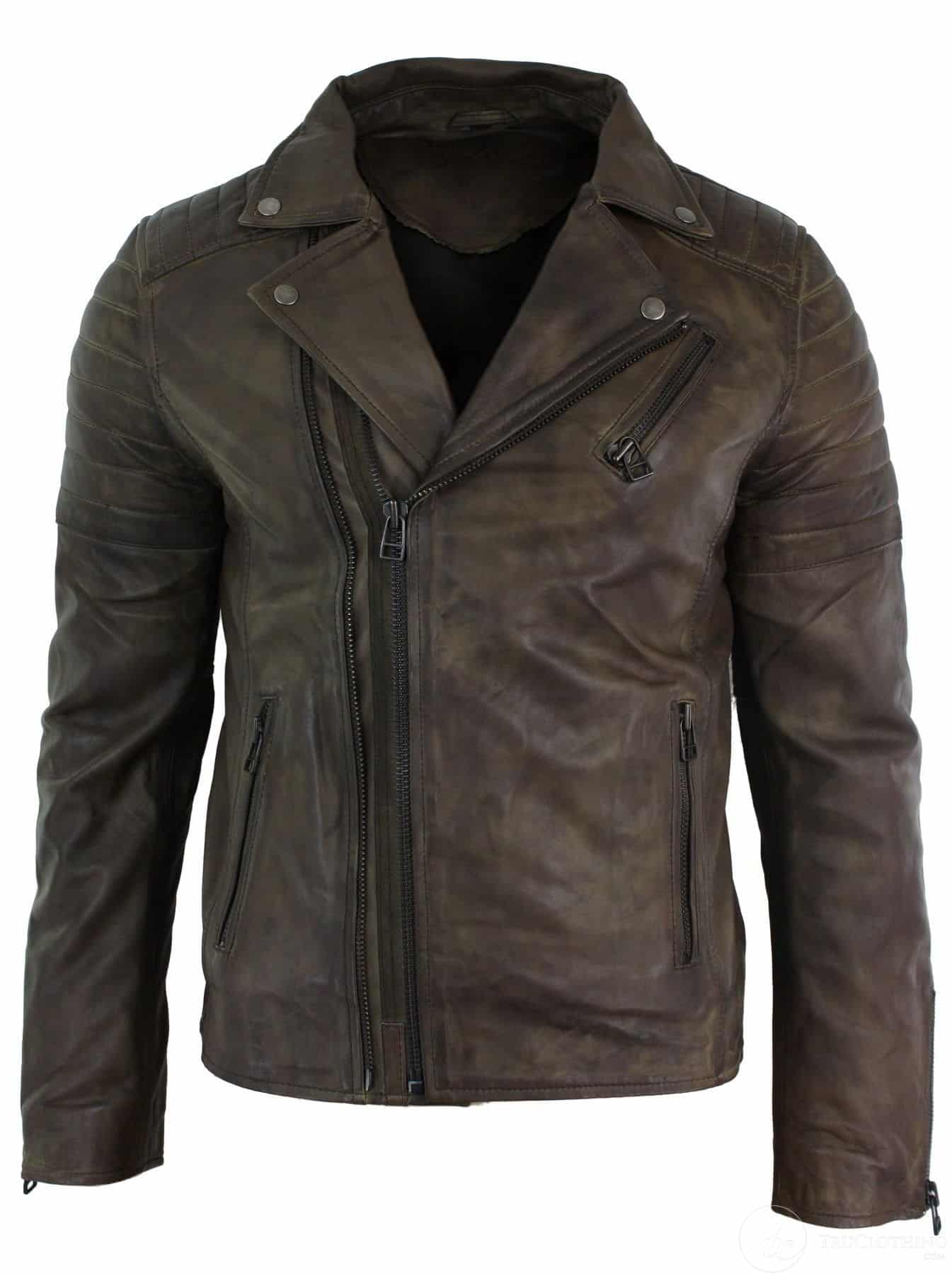 Äkta Läder Slim Fit Cross Zip Retro Vintage Brando Herrjacka Vintage Biker-Brun