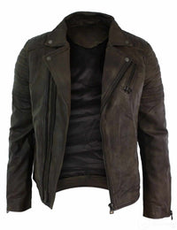 Äkta Läder Slim Fit Cross Zip Retro Vintage Brando Herrjacka Vintage Biker-Brun