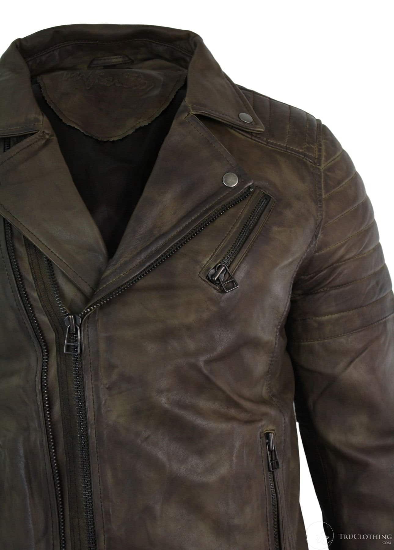 Äkta Läder Slim Fit Cross Zip Retro Vintage Brando Herrjacka Vintage Biker-Brun