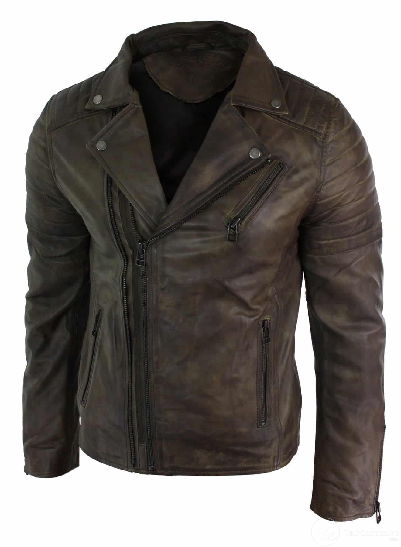 Äkta Läder Slim Fit Cross Zip Retro Vintage Brando Herrjacka Vintage Biker-Brun