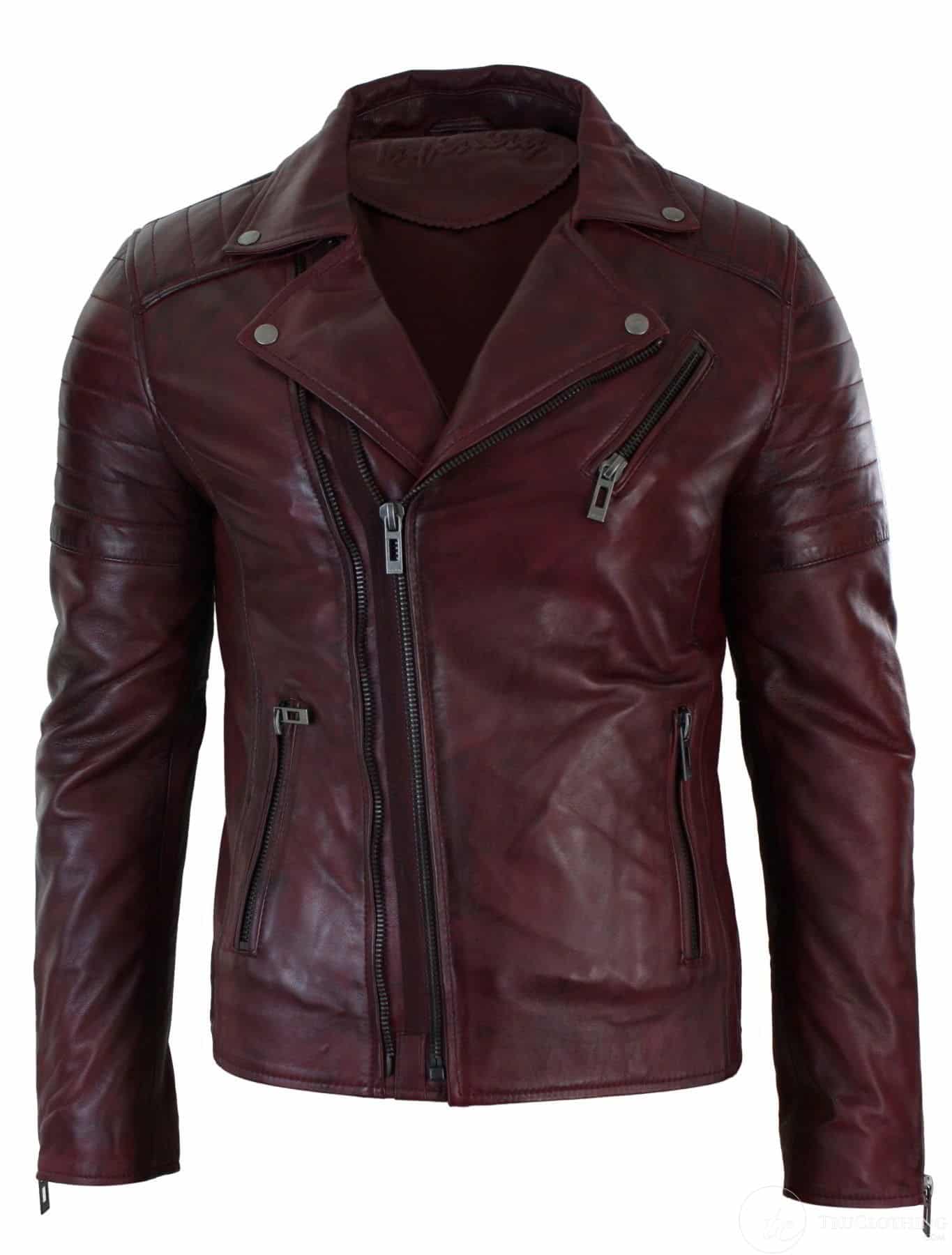 Äkta Läder Slim Fit Cross Zip Retro Vintage Brando Herrjacka Vintage Biker-Vinröd