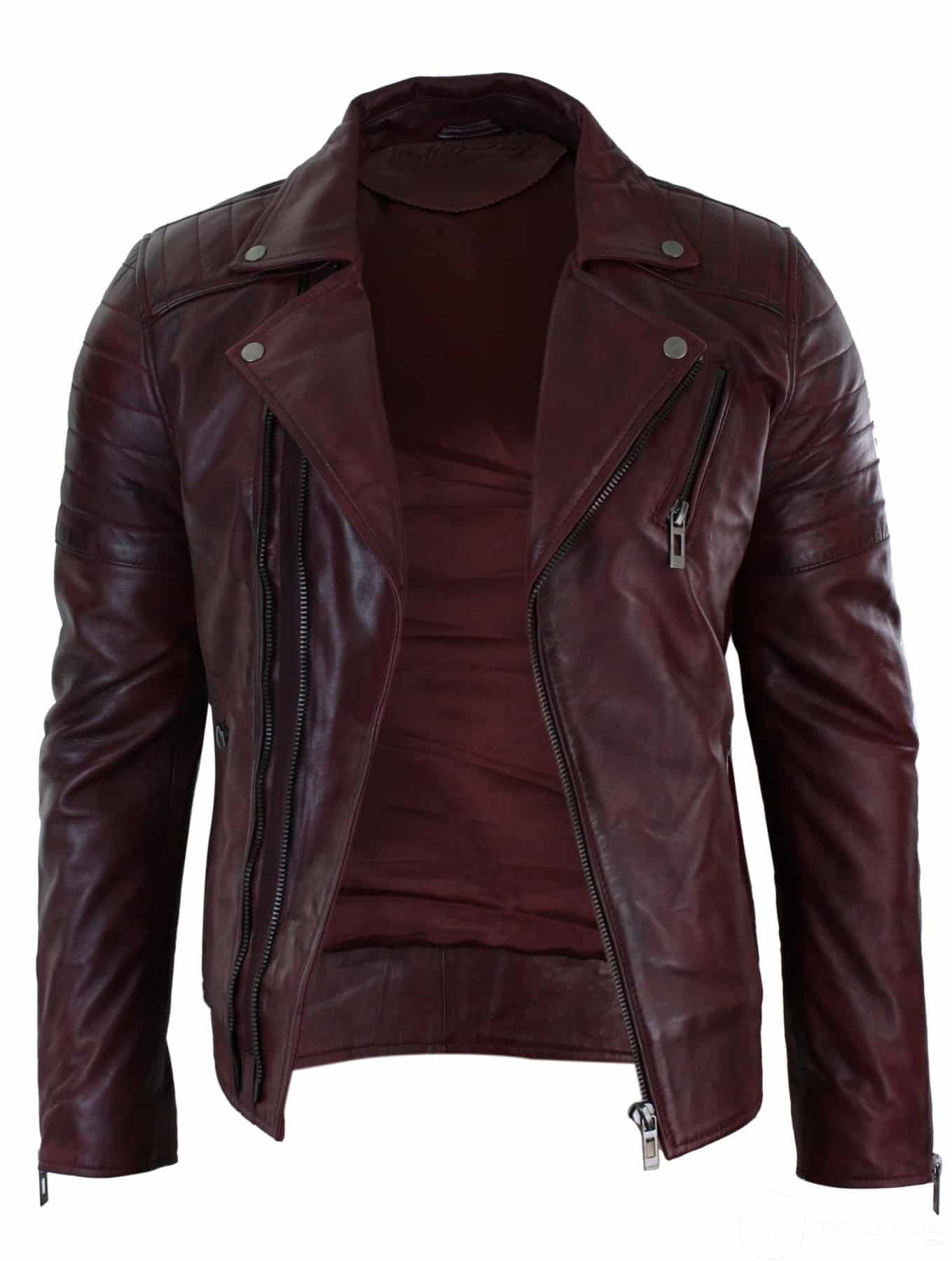 Äkta Läder Slim Fit Cross Zip Retro Vintage Brando Herrjacka Vintage Biker-Vinröd