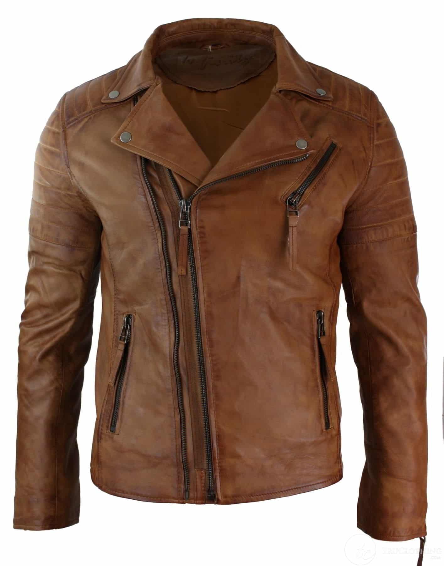 Äkta Läder Slim Fit Cross Zip Herr Retro Vintage Brando Jacka Vintage Biker-Tan