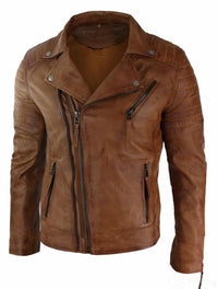 Äkta Läder Slim Fit Cross Zip Herr Retro Vintage Brando Jacka Vintage Biker-Tan
