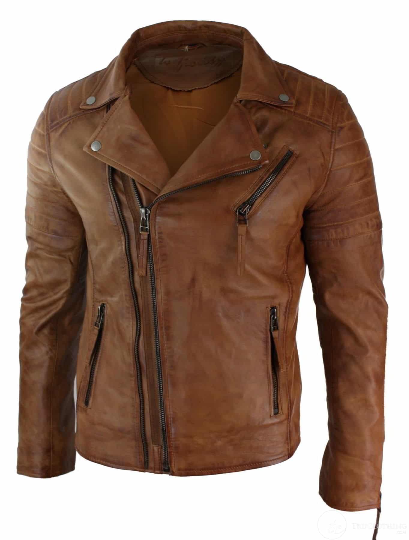 Äkta Läder Slim Fit Cross Zip Herr Retro Vintage Brando Jacka Vintage Biker-Tan
